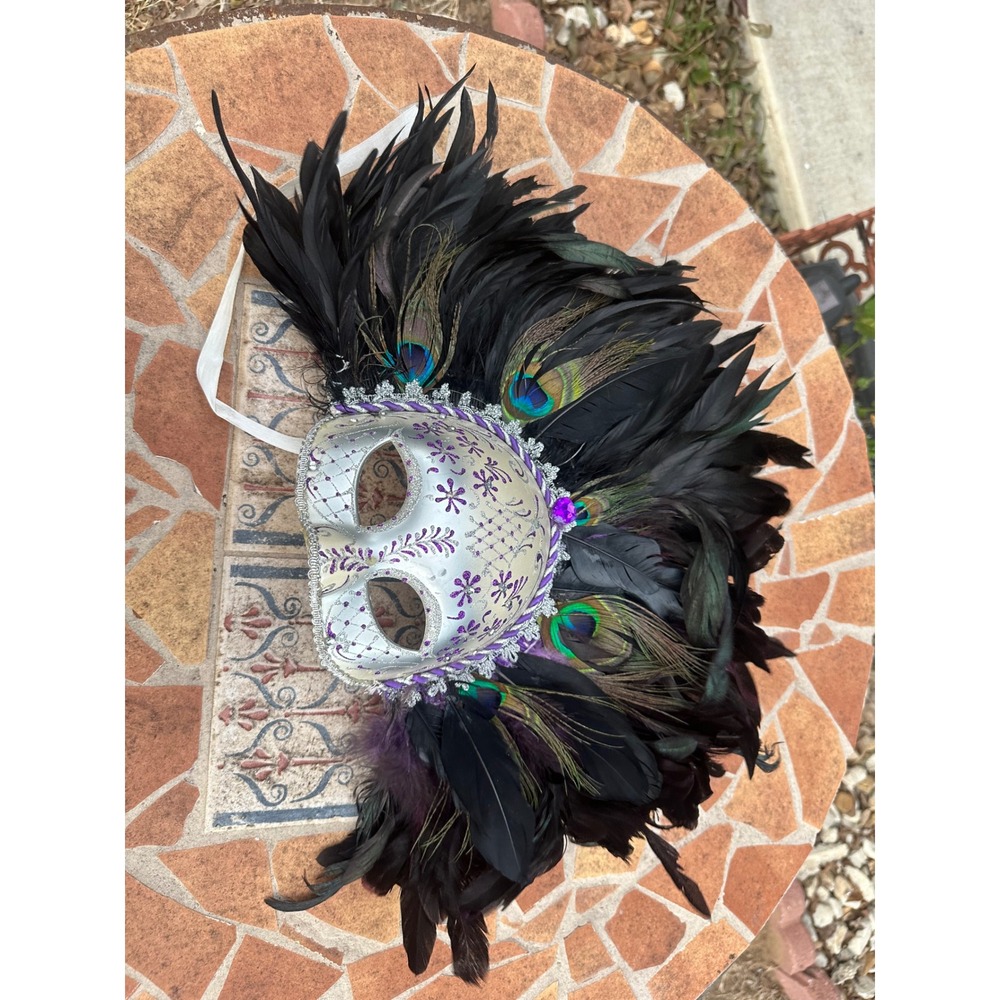 Masquerade Mask Silver Purple Glitter Black Peacock Feathers Mardi Gras Costume
